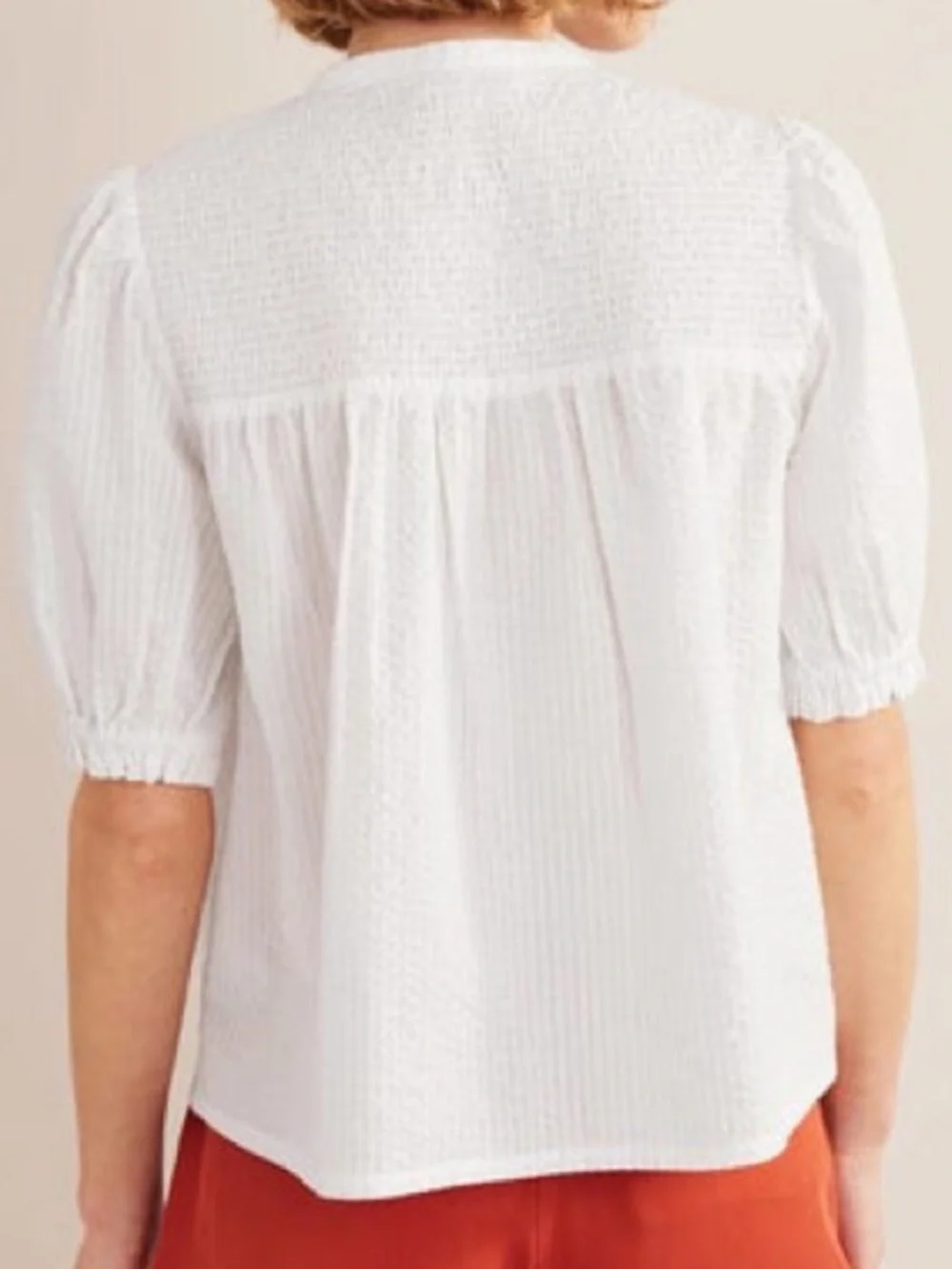 Boden Ada Puff Sleeve Seersucker White Blouse Smocked Button Front Shirt Sz 16